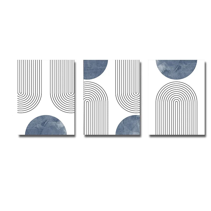Set de 3 Affiches Murales Géométriques Rétro Bleu Style Mid-Century, Art Abstrait Minimaliste Ligne Simple, Déco Murale