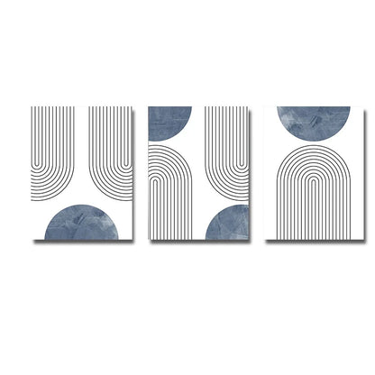 Set de 3 Affiches Murales Géométriques Rétro Bleu Style Mid-Century, Art Abstrait Minimaliste Ligne Simple, Déco Murale