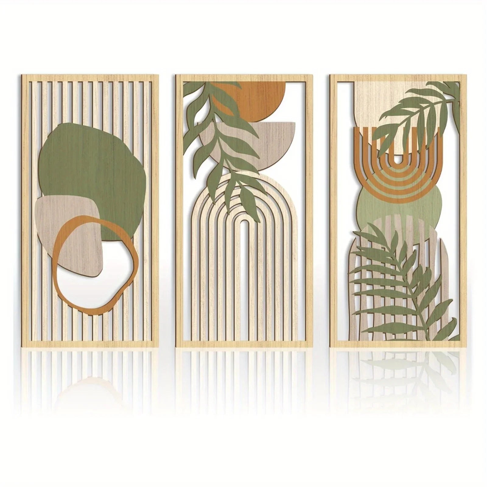 Lot de 3 Sculptures Murales Abstraites en Bois Vert Sauge – Art Géométrique Moderne, Déco Murale Neutre et Élégante