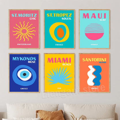 Affiches de Voyage Style Preppy – Miami, Bondi, Palmiers, Ibiza, Mykonos, Capri | Art Minimaliste Nordique sur Toile pour Salon