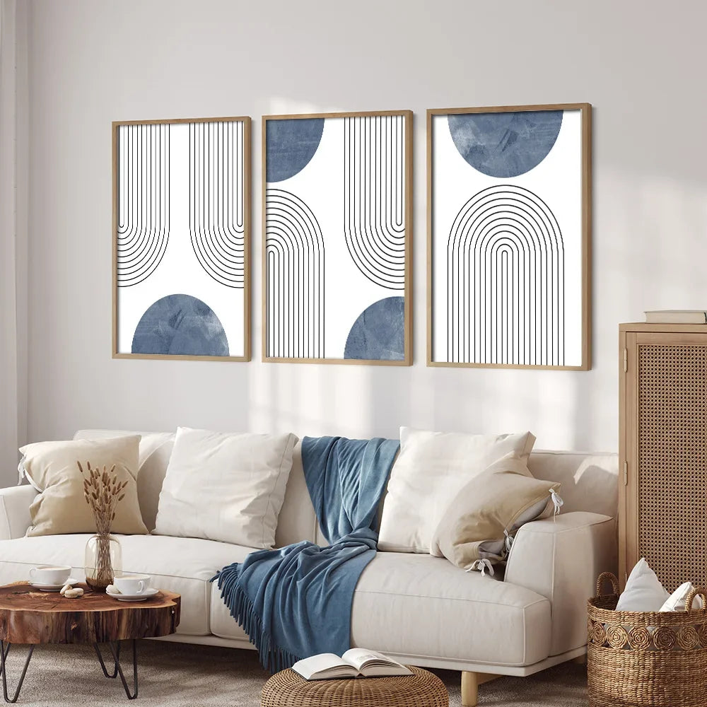 Set de 3 Affiches Murales Géométriques Rétro Bleu Style Mid-Century, Art Abstrait Minimaliste Ligne Simple, Déco Murale