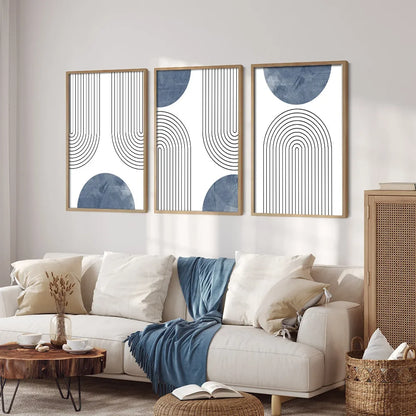 Set de 3 Affiches Murales Géométriques Rétro Bleu Style Mid-Century, Art Abstrait Minimaliste Ligne Simple, Déco Murale