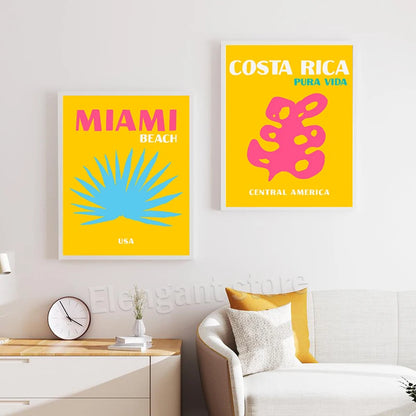Affiches de Voyage Style Preppy – Miami, Bondi, Palmiers, Ibiza, Mykonos, Capri | Art Minimaliste Nordique sur Toile pour Salon