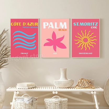 Affiches de Voyage Style Preppy – Miami, Bondi, Palmiers, Ibiza, Mykonos, Capri | Art Minimaliste Nordique sur Toile pour Salon