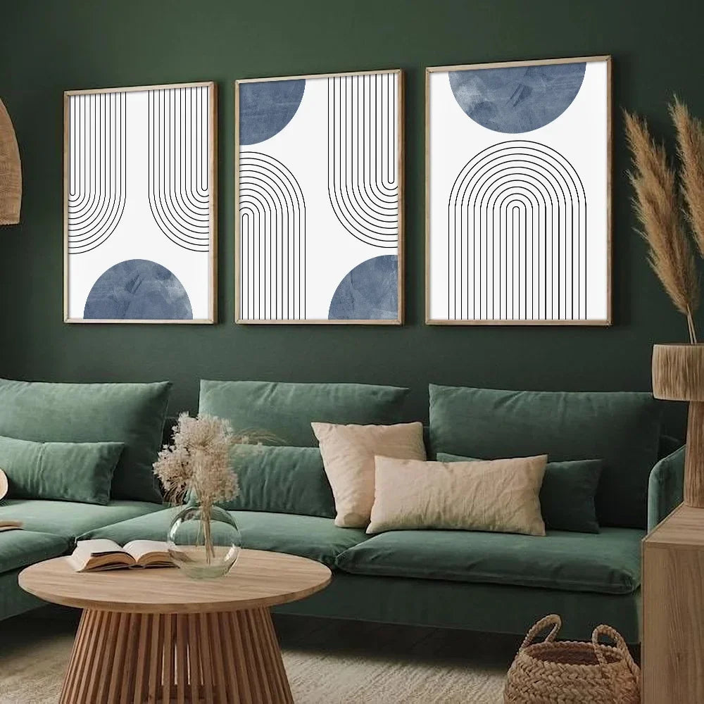 Set de 3 Affiches Murales Géométriques Rétro Bleu Style Mid-Century, Art Abstrait Minimaliste Ligne Simple, Déco Murale