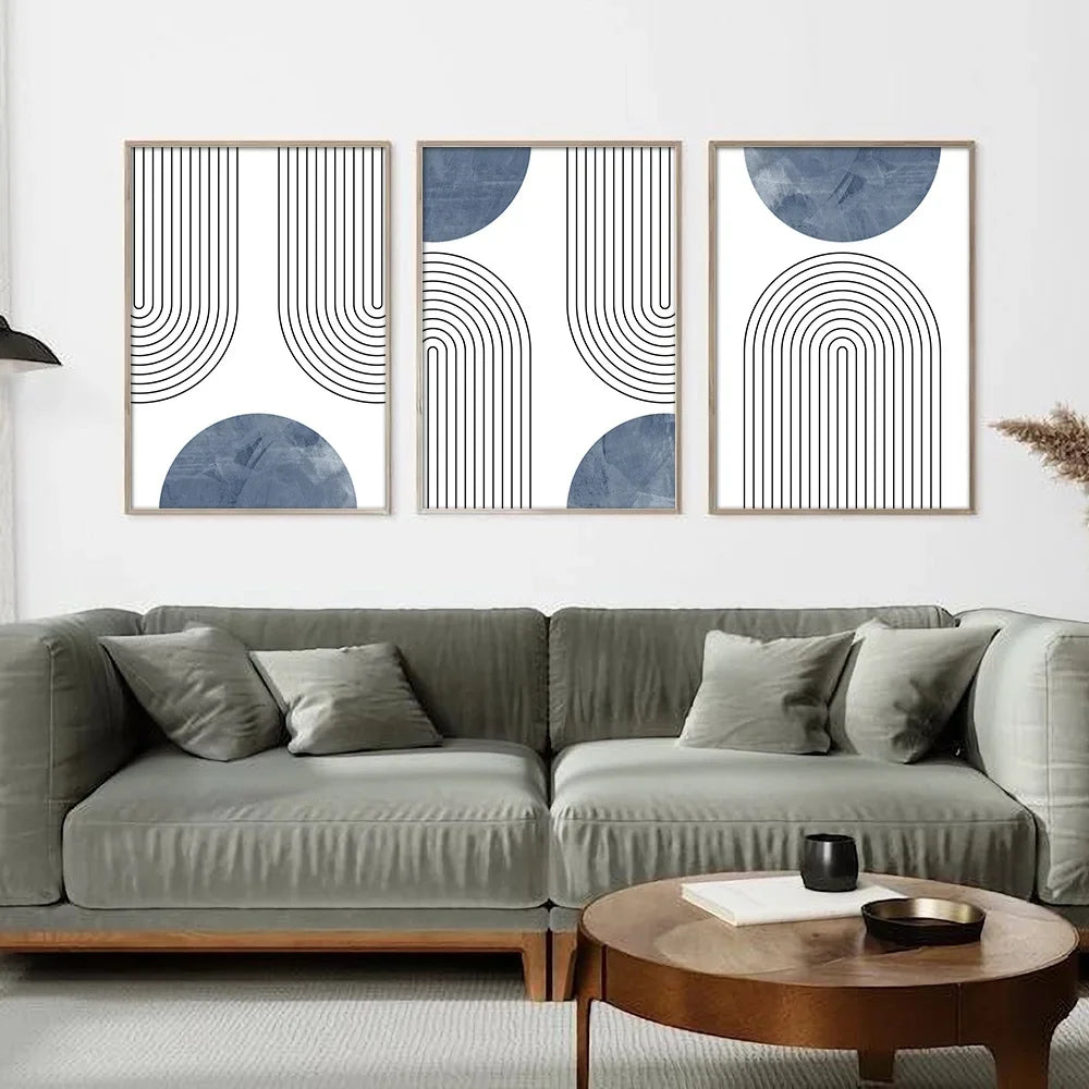 Set de 3 Affiches Murales Géométriques Rétro Bleu Style Mid-Century, Art Abstrait Minimaliste Ligne Simple, Déco Murale