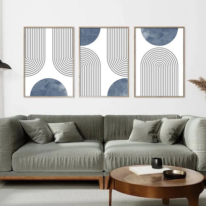 Set de 3 Affiches Murales Géométriques Rétro Bleu Style Mid-Century, Art Abstrait Minimaliste Ligne Simple, Déco Murale