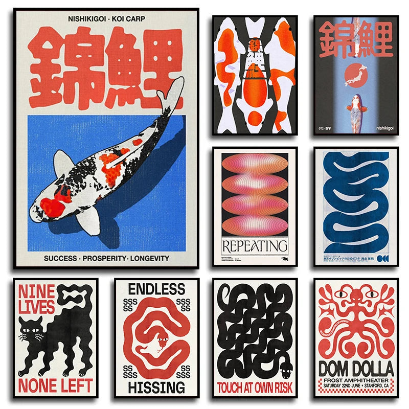Affiche Vintage Japonaise – Chat, Carpe Koi et Animaux Abstraits | Impression sur Toile Murale pour Salon et Déco Intérieure