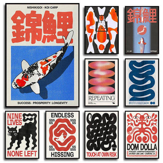 Affiche Vintage Japonaise – Chat, Carpe Koi et Animaux Abstraits | Impression sur Toile Murale pour Salon et Déco Intérieure