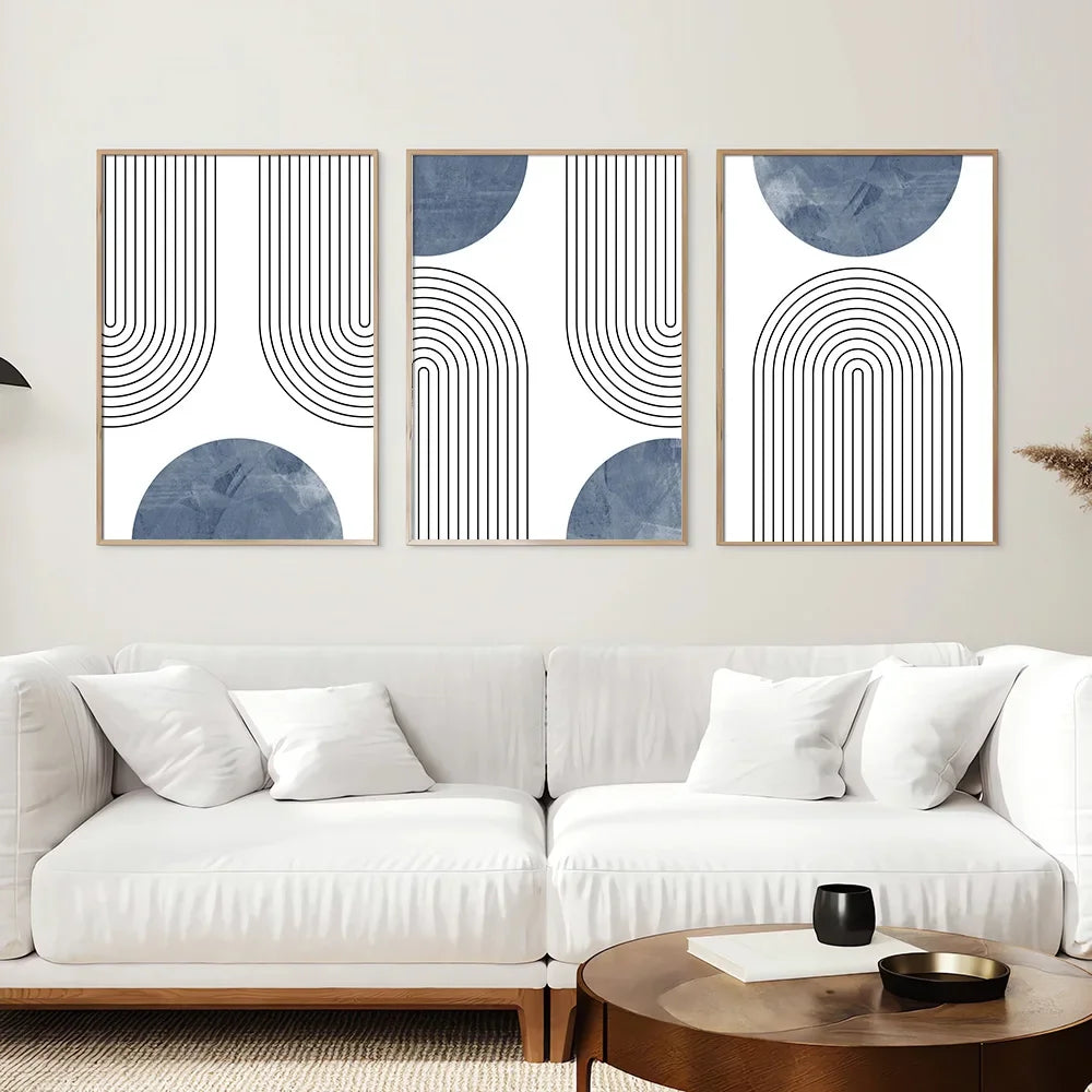 Set de 3 Affiches Murales Géométriques Rétro Bleu Style Mid-Century, Art Abstrait Minimaliste Ligne Simple, Déco Murale
