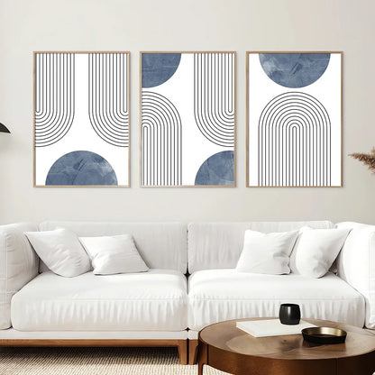 Set de 3 Affiches Murales Géométriques Rétro Bleu Style Mid-Century, Art Abstrait Minimaliste Ligne Simple, Déco Murale