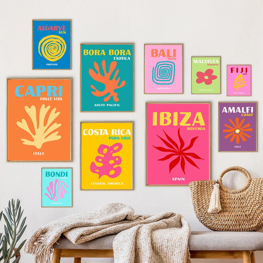 Affiches de Voyage Style Preppy – Miami, Bondi, Palmiers, Ibiza, Mykonos, Capri | Art Minimaliste Nordique sur Toile pour Salon